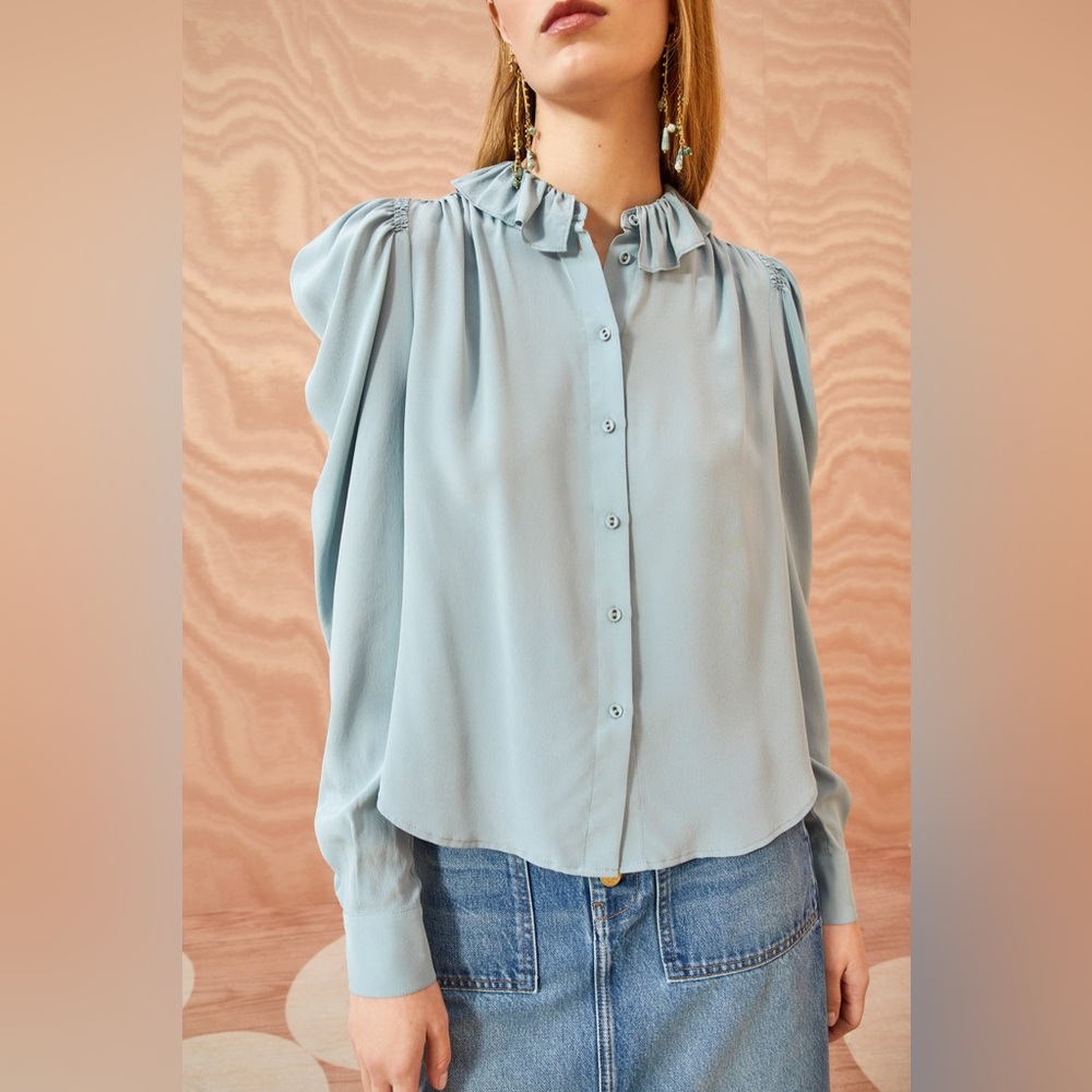 NWT Ulla Johnson Dara Ruffle Neck Silk Button-Up Blouse - Picture 2 of 7
